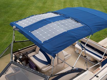 Flexible solar panels installed on a bimini top